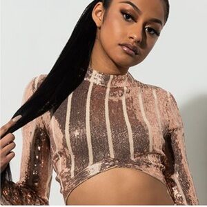 Akira Sequin Striped Crop Top - Rose Gold